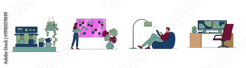 Flat Vector Modern Office Workspace and Remote Work Element Kit for Hybrid Business Culture