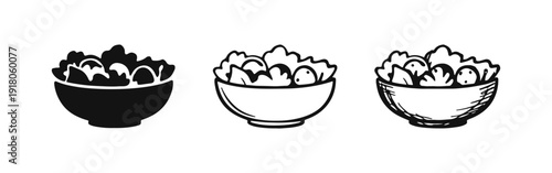 Salad Bowl Icons Set - Silhouette, Outline, and Hand-Drawn Sketch Styles