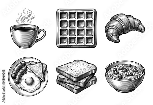 Vintage woodcut style breakfast food collection featuring coffee cup waffle croissant egg sausages toast and oatmeal bowl in engraved line art