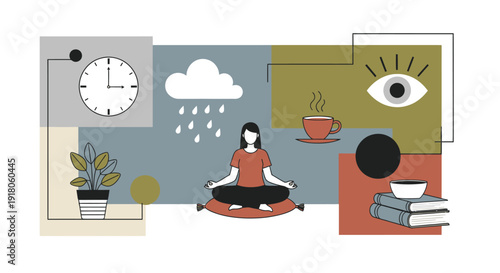 Woman meditating in a serene environment surrounded by various objects and symbols representing time, nature, and insight in a collage.