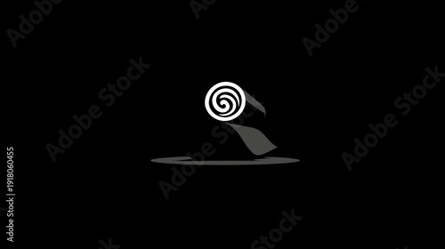 Stylized monochrome illustration. Features a rolled, spiral object. Its shadow is displayed