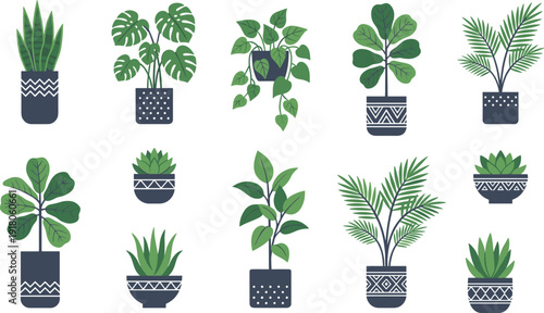 Indoor potted plants collection vector illustration, modern houseplant icons set for home decor design, interior decoration, botanical branding and social media graphics