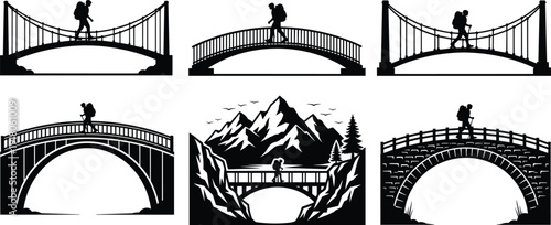Hiker crossing bridge silhouettes set, mountain landscape hiking adventure vector illustration isolated, outdoor travel nature exploration, trekking tourism activity, scenic trail journey concept