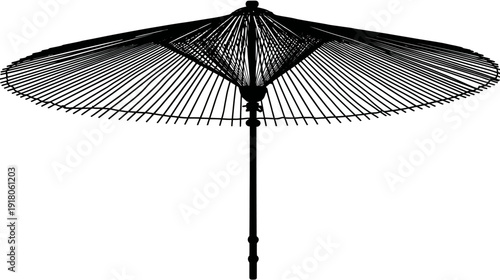 A black and white line drawing of a parasol with an intricate canopy on a white background