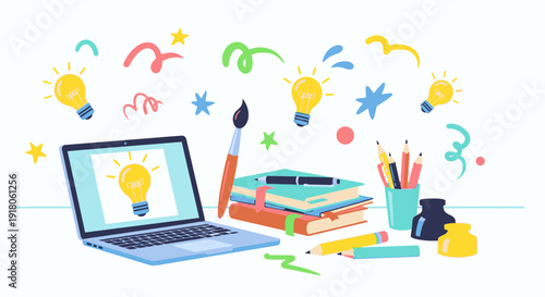 Creative workspace with laptop, books, and art supplies surrounded by colorful symbols and lightbulbs representing innovative ideas and inspiration