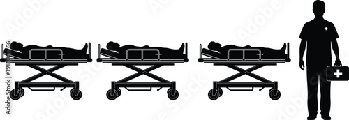 Hospital patient stretcher and medical worker silhouettes set, emergency healthcare transport vector illustration isolated, ambulance service equipment, clinical rescue medical support concept