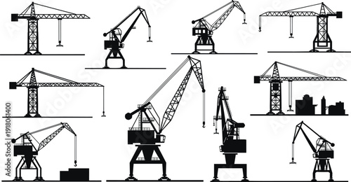Industrial construction crane collection silhouette vector set, heavy machinery lifting equipment icons for engineering, building site, logistics, manufacturing design use projects worldwide