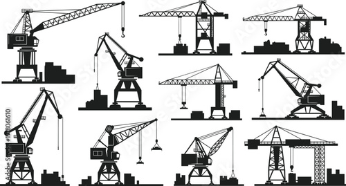 Industrial construction crane silhouettes collection vector illustration, heavy lifting machinery equipment operating on building site skyline for engineering, logistics, manufacturing industry design