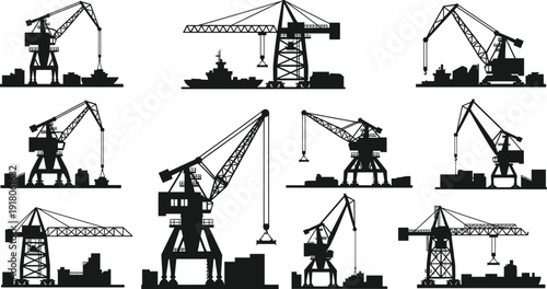 Industrial harbor and construction crane silhouette vector set, heavy lifting machinery operating in port, shipyard and building site logistics industry