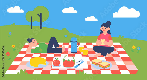 Family enjoying a picnic on a red and white checkered blanket in a serene outdoor setting with trees and clouds