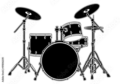 Vector Illustration of Five-Piece Drum Set with Symmetrical Arrangement in Black and White