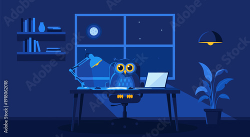 Blue Robot at Desk with Laptop and Lamp in Dimly Lit Room – Nighttime Vector Illustration