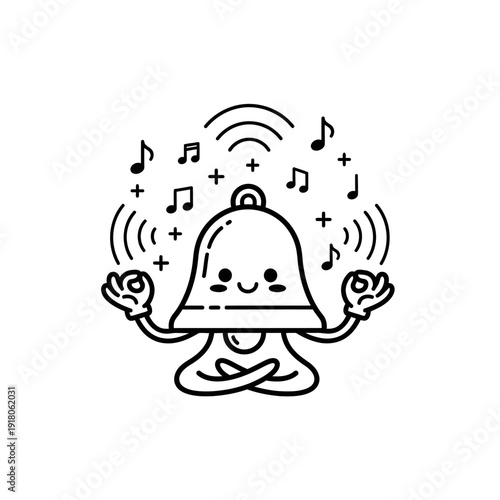 Cute Bell Character Meditating with Music Notes and Sound Waves