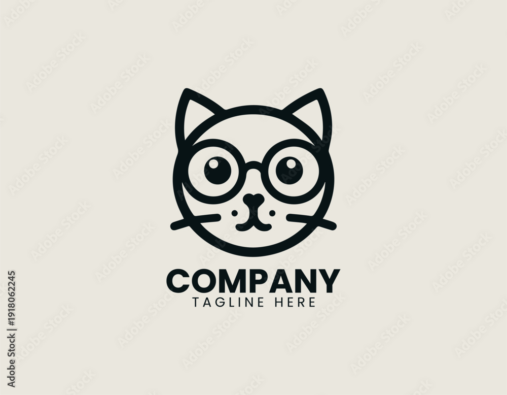 Fototapeta premium Cute cat face with round glasses, bold and clean lines, black vector logo illustration, white background