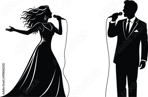 Elegant Silhouettes of Male and Female Singers Performing with Microphones, Featuring a Woman in Gown and Man in Suit, Isolated