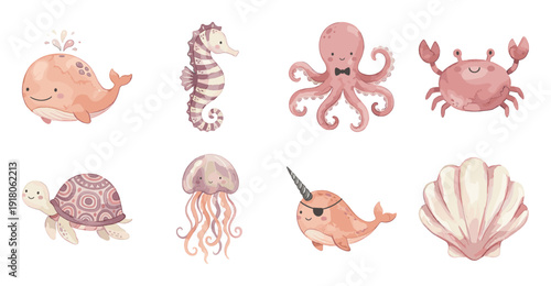 Cute Watercolor Sea Animal Sticker Set, Vector Illustration