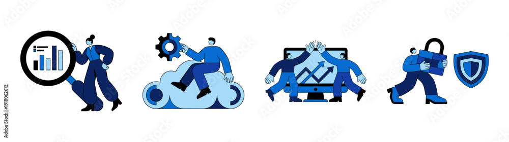 Naklejka premium Flat Vector Business Analytics and Data Security Graphic Set for Corporate Software Development
