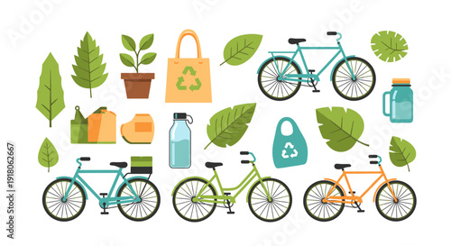 Eco-friendly bicycles and accessories surrounded by leaves, promoting sustainable lifestyle and green transportation.