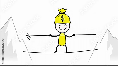 Balancing budget concept showing a doodle character walking on a thin line with a heavy dollar sack Animation