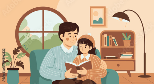 Father reading to daughter on a comfortable sofa in a cozy living room with a window view