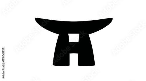 A black and white abstract geometric design resembling a gate or a stylized architectural structure