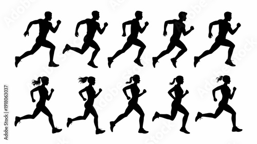 A sequence illustrating the phases of a runner's stride during a race. Vector, illustration