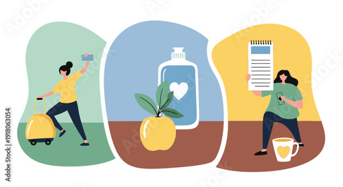 Illustration of people engaging in daily activities with product packaging and documents in a modern lifestyle setting