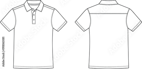 Polo shirt front and back technical outline template, short sleeve collared tee vector mockup for apparel branding, print customization, fashion catalog and ecommerce display
