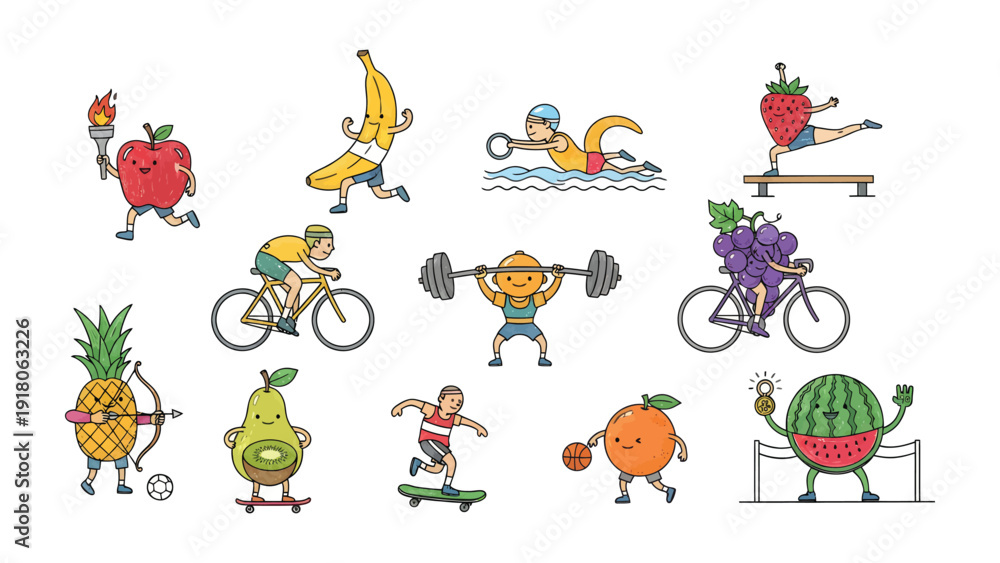 Obraz premium Sports Fruit Illustration: Vibrant illustrations of fruits as athletes, showcasing a dynamic mix of sporting activities.