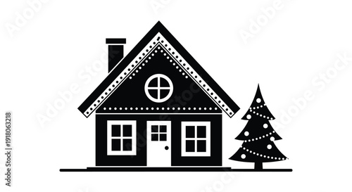 Black and white winter cabin illustration, cozy Christmas house silhouette, minimalist mountain cottage icon, holiday tree ornament, seasonal home vector.