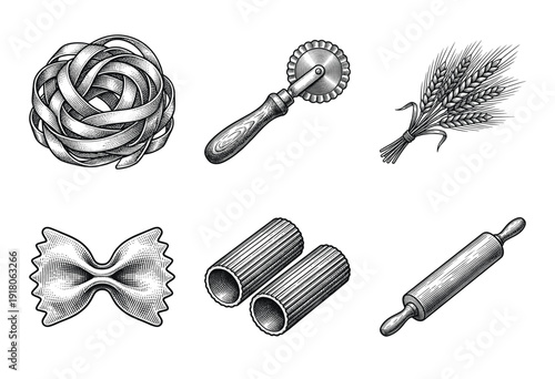 Vintage engraving style pasta set featuring wheat stalks culinary tools and assorted pasta shapes