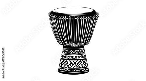 A black and white illustration of a tall percussion instrument with intricate geometric patterns