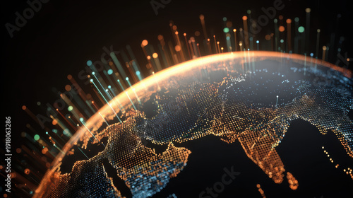 Global digital network globe, glowing data connections, world map, technology, innovation, communication, futuristic energy vibe