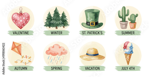 Watercolor Seasonal Holiday Sticker Set with Decorative Icons