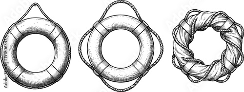 Vintage lifebuoy ring set hand drawn engraving vector illustration, nautical marine safety equipment collection for beach design, maritime branding and coastal decoration artwork