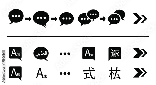 Communication translation icons set, speech bubble silhouettes, language exchange symbols, black white minimalist chat signs, global message vector interface elements, isolated.