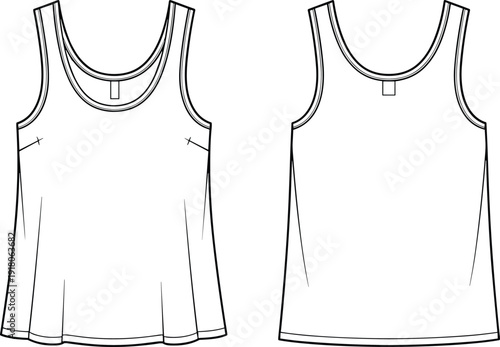 Women tank top front and back technical outline template, sleeveless shirt vector mockup for fashion design, apparel branding, print customization and ecommerce catalog display
