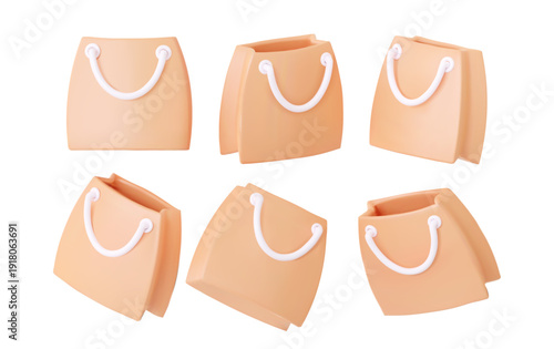 3D vector shopping bag icon set in different angles. Collection of orange paper bags for retail, e-commerce, and store interface design.