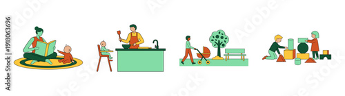Flat Vector Modern Parenting and Childcare Activity Element Kit for Family Wellness and Early Childhood Education