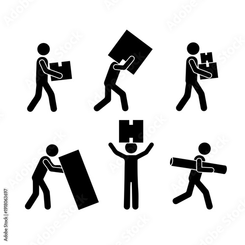 Versatile stick figure icons depicting manual labor tasks, showing individuals lifting, carrying, and moving boxes and items. Ideal for logistics, delivery, and relocation service concepts