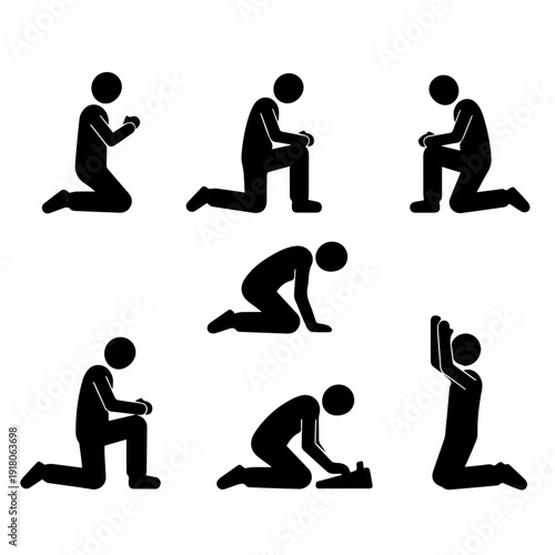 A collection of diverse silhouette icons depicting individuals in various kneeling and prostrating poses, symbolizing prayer, devotion, and humble spiritual contemplation on a clean background