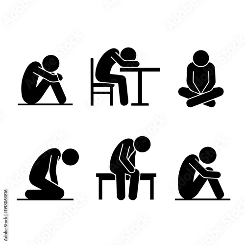 Simple graphic stick figure icons depicting emotional distress, sadness, depression, loneliness, and anxiety. Visual representations of mental struggle and despair