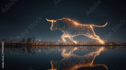 Strong economy bull city skyline night glowing light sparks reflection