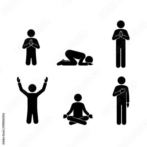 Set of stick figure icons representing diverse human poses for prayer, meditation, spiritual devotion, respect, and reverence. Vector graphics depicting mindful and peaceful gestures