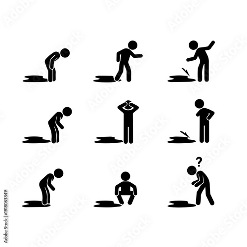 Stick figure pictograms showing various human reactions discovery, confusion, surprise, and observation of ground elements, depicting diverse scenarios and emotional responses