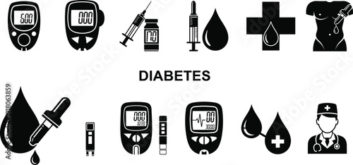 Diabetes care medical icons set, glucose meter blood sugar test silhouettes, insulin syringe vial symbols, endocrine health healthcare diagnostic vector,
