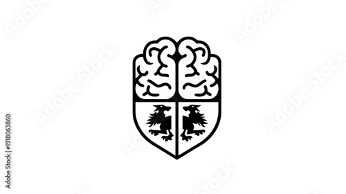 A monochrome illustration features a stylized emblem, a brain atop a shield, with a symmetrical design