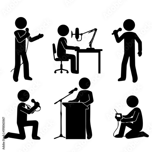 Diverse Stick Figure Silhouettes Illustrating Media Professionals, Broadcasting Roles, Public Speaking Engagements, and Journalism Activities