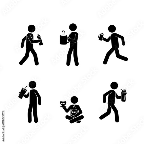 Minimalist stick figure icons of people drinking various beverages. Illustrations show individuals walking, running, and relaxing, representing daily life and hydration