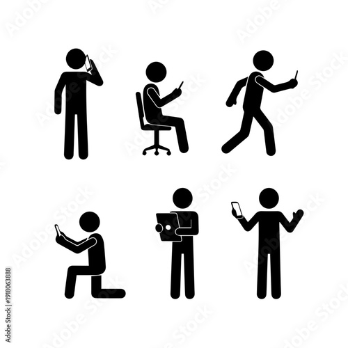 Vector illustration set of human figures interacting with digital devices, depicting modern lifestyle, communication, and technology use in various everyday poses